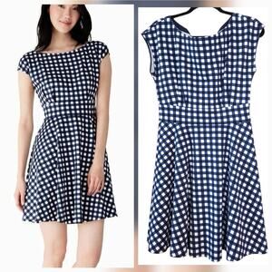 Kate Spade Gingham Ponte Fiorella Dress Mini Fit and Flare sz M Blue White Check
